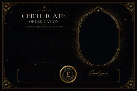 The Eonelya certificate: gold-ruled frame, an oval medallion for the nebula, and ruled lines for the first name, the date and the dedication.